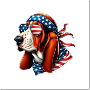 Basset Hound American USA Flag Sunglasses 4th of July Lovers Posters and Art